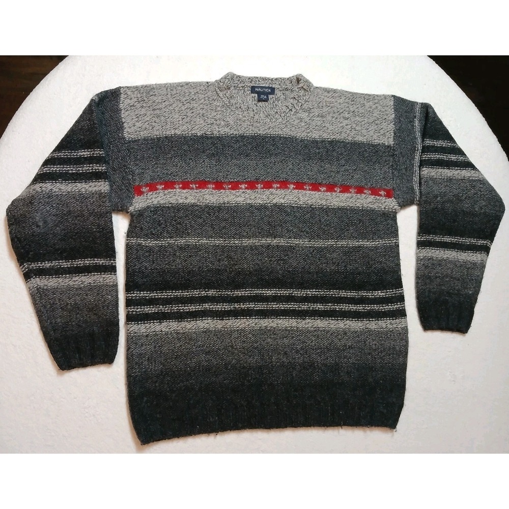 VTG 90s Nautica Heavyweight 100% Wool Sweater Gray Black Colorblock Red Stripe L